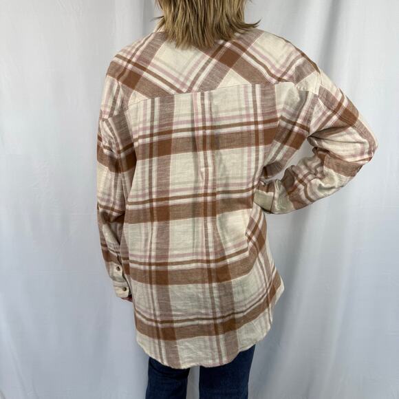 Altar'd State Oversized Brown and Pink Plaid Button-Up Blouse Medium - Picture 2 of 8